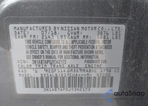 2018 Nissan Sentra S z USA, uszkodzony, nr VIN 3N1AB7AP0JY342173